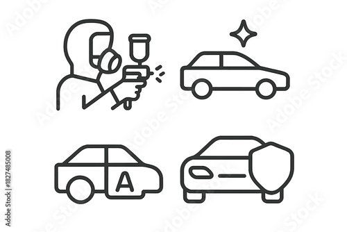 Set of automotive service icons for car painting, body repair, detailing, and insurance