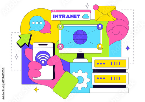 Intranet Internet Network Connection Technology Vector Illustration to Share Confidential Company Information and Website in a Flat Cartoon Background