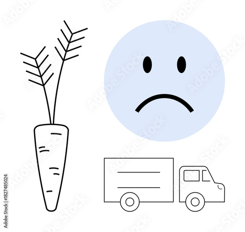 Food supply chain issues. Food transportation challenges highlighted with symbols of a carrot, delivery truck, and sad face. Food distribution, supply chain delays, logistics challenges, solutions
