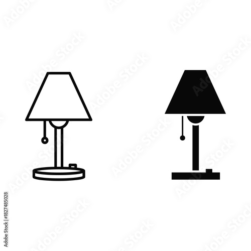 Simple line art and silhouette icons of a classic desk lamp