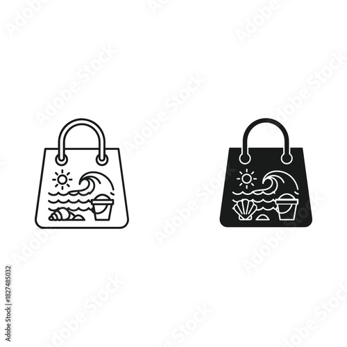 Beach shopping bag icon with sun waves and bucket outline and silhouette