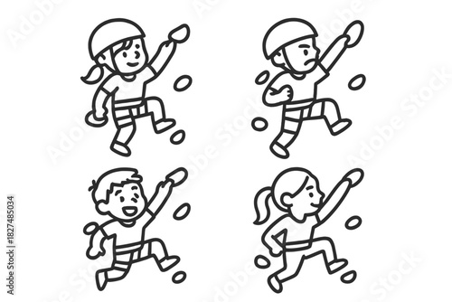 Four children wearing safety helmets and harnesses engaging in an indoor rock climbing activity