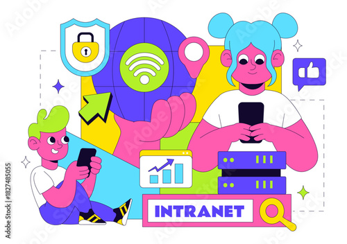 Intranet Internet Network Connection Technology Vector Illustration to Share Confidential Company Information and Website in a Flat Cartoon Background