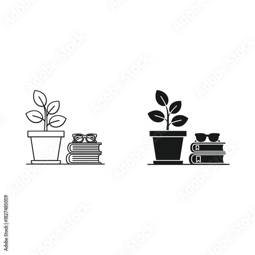 Simple line art and silhouette of a plant with books and glasses
