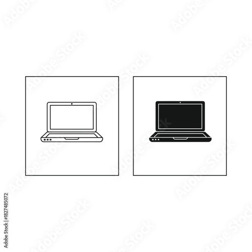 Two contrasting icons of a laptop computer one outlined and one solid black