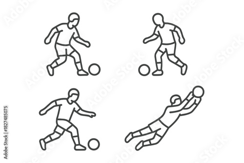 Set of outline icons showing soccer player actions including dribbling and goalkeeper save