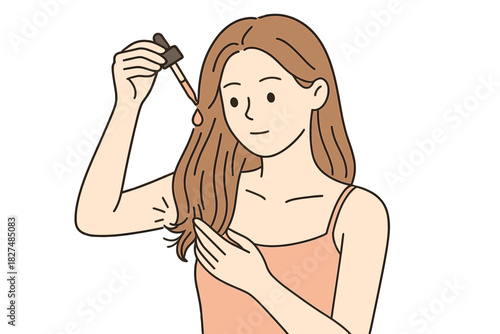 Young woman applying nourishing oil or serum to long brown hair using a dropper for beauty routine