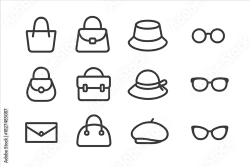 Outline set of women's fashion accessories including handbags, hats, and eyewear