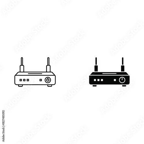 Two illustrations of a wireless router one outlined and one solid black