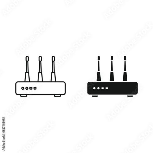 Two icons of a wireless router with antennas for network connectivity