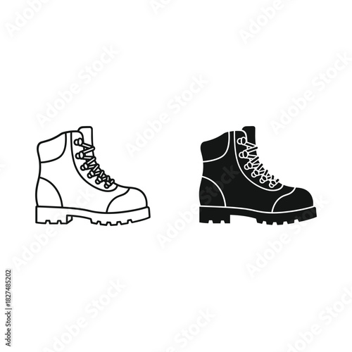 Black and white outline drawing of a rugged work boot