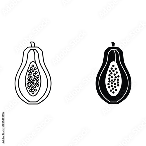 Two stylized papaya fruit icons one outline and one filled silhouette