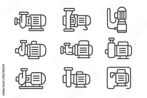 Water pump and electric motor symbols for industrial and plumbing systems