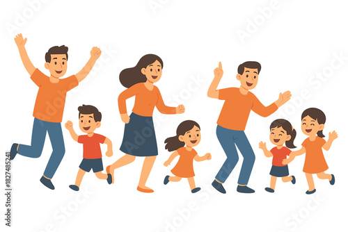 Happy family of six running and playing together with joyful expressions