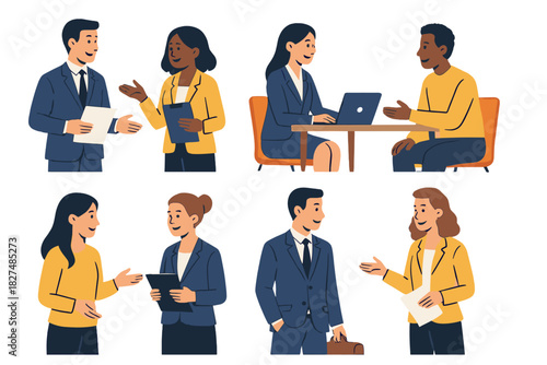 Diverse group of business professionals communicating and collaborating in various settings