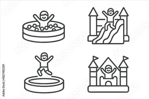 Bouncy castle, inflatable slide, ball pit, and trampoline activities at amusement park