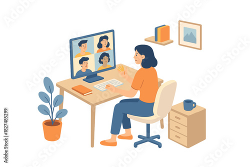 Woman attending virtual video conference meeting while working remotely from home