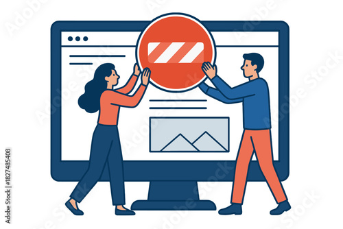 Two people placing a large red restriction sign over a computer screen displaying a website interface
