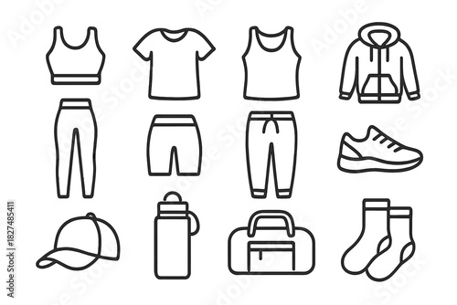Fitness Apparel and Gym Accessories Outline Icon Set for Exercise and Training