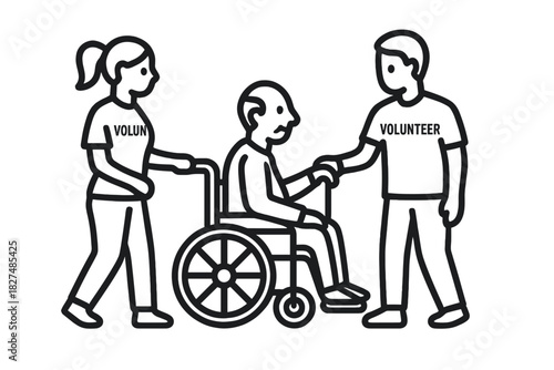 Dedicated volunteers providing assistance and support to an elderly person in a wheelchair