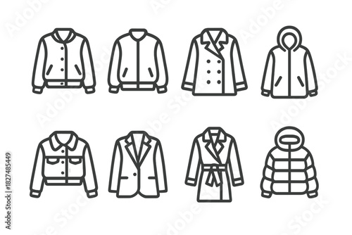 Eight different styles of coats and jackets outerwear garments