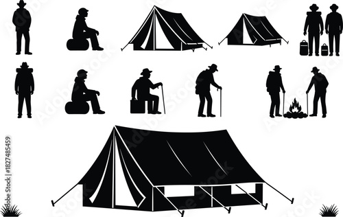 Set of Black and White Monochrome Stylized Vector Silhouettes Depicting Camping, Hiking, and Outdoor Activities, Including Tents, Campfires, and Various Trekkers in the Wilderness