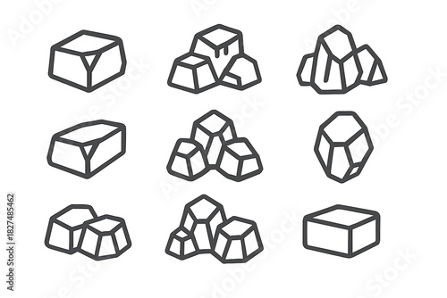 Precious metal and mineral icons set in minimalist outline style