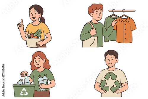 Diverse people engaging in sustainable lifestyle activities like recycling, conscious shopping, and healthy eating