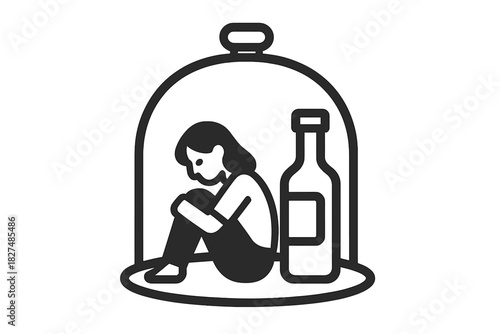 Solitary figure confined under a glass dome next to an alcohol bottle symbolizing addiction and despair