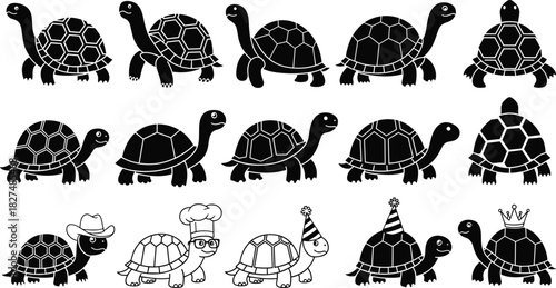 Set of Fifteen Black and White Monochrome Stylized Vector Illustrations of Cute Tortoises and Turtles, Featuring Various Poses and Costumes like a Chef, Cowboy, and Party Hat