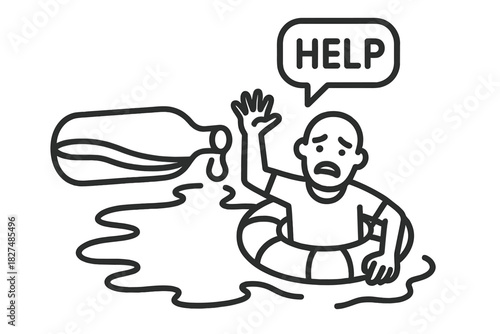 Distressed man struggling in liquid pouring from a bottle shouting for help