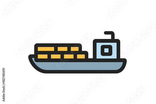 Stylized commercial cargo ship transporting shipping containers across the vast ocean