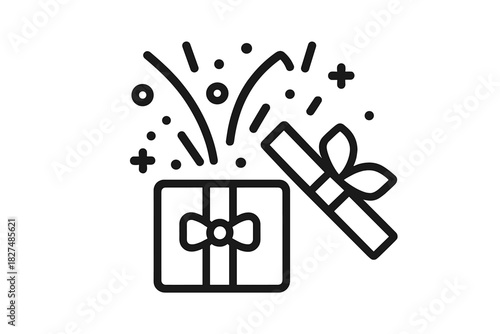 Open gift box with bow and ribbon revealing a burst of confetti and sparkles