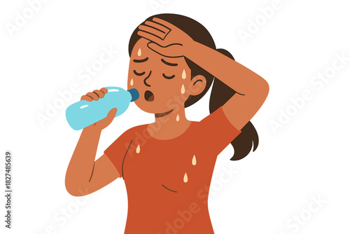 Woman drinking water urgently to rehydrate after suffering from heat exhaustion