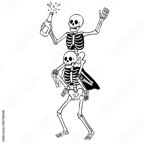 Funny Dancing Skeletons Piggyback Ride Line Art