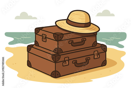 Stack of retro brown travel suitcases and straw hat near the ocean shore