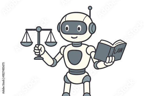 Friendly robot holding scales of justice and law book symbolizing legal automation