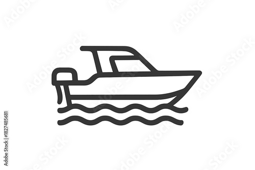 Small recreational boat navigating wavy water in a stylized outline