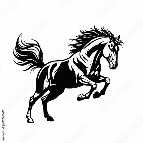 Majestic Black Horse Rearing Up in Dynamic Pose.