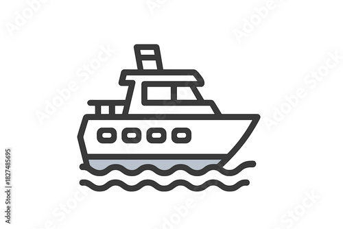Minimalist outline drawing of a luxury motorboat or yacht floating on wavy ocean water surface