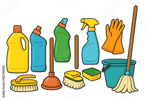 Vibrant set of household cleaning tools and supplies including detergent, mop, and gloves