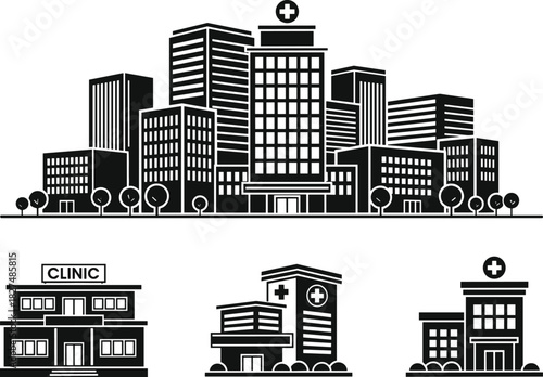 Black and White Monochrome Stylized Vector Illustration of Modern City Skyline and Various Medical Buildings, Including a Hospital, Clinic, and Healthcare Centers