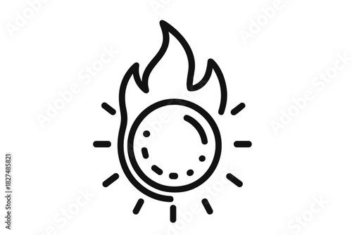 Stylized outline icon of a burning sphere surrounded by radiating heat and flames