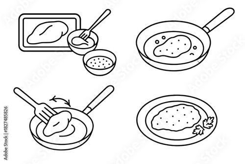 Sequential steps for cooking and serving a fried meat or chicken cutlet on a plate