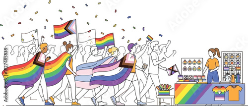 Vibrant pride parade illustration with people, rainbow flags, confetti, and merchandise, isolated on white background.