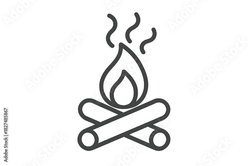 Simple line art drawing of a burning campfire with logs and smoke