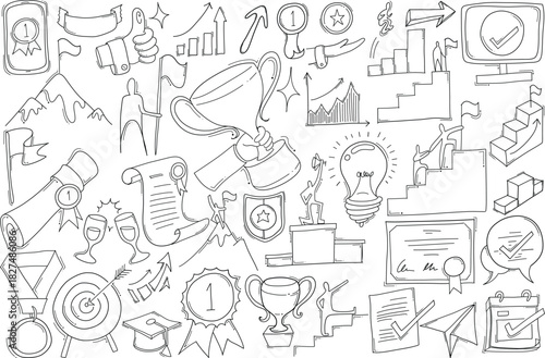 Achievement Related Doodle vector set. Drawing sketch illustration hand drawn line eps10