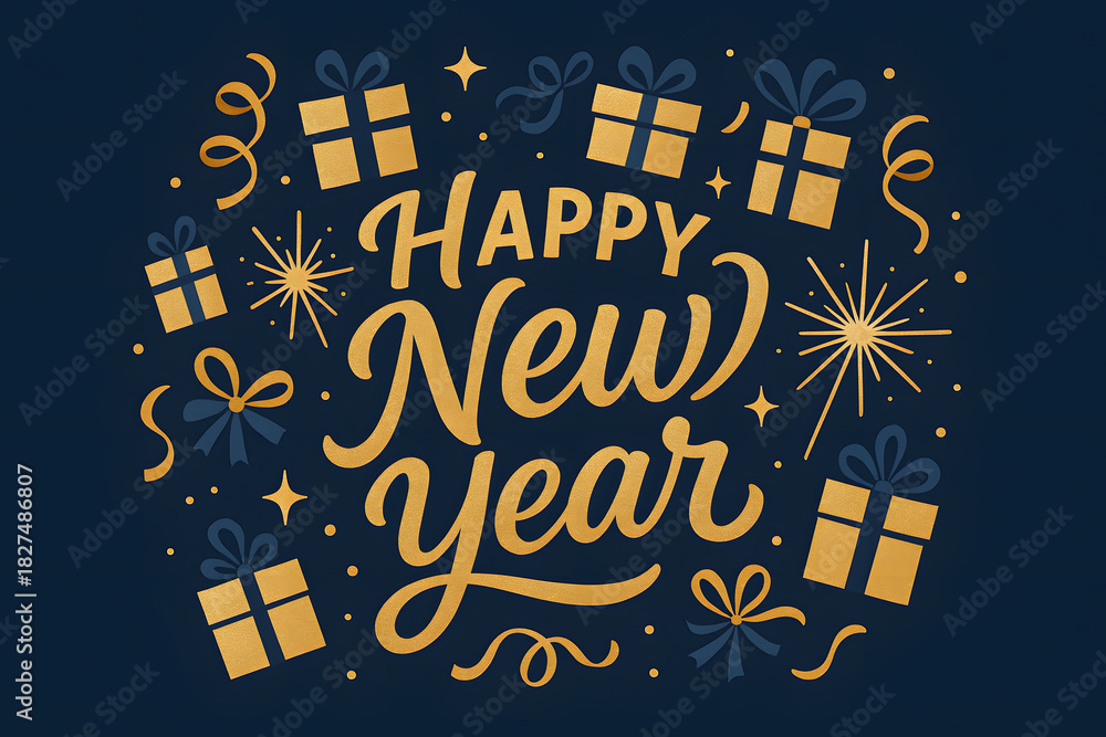 Naklejka premium Happy new year celebration design featuring gifts and celebratory elements