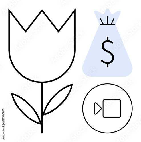 Lotus flower and dollar sign bag combine wellness, commerce, and financial planning. Ideal for e-commerce, health products, business growth, mindfulness investment budgeting