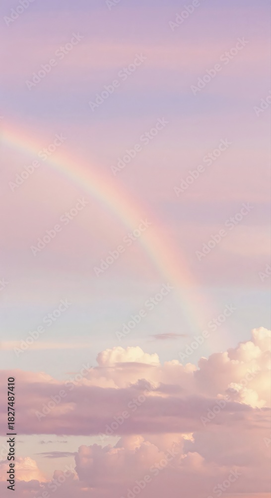 Naklejka premium Rainbow's Embrace: Witness the ethereal beauty of a full rainbow arching across a pastel sky, a symbol of hope and serenity. Capture the essence of this stunning phenomenon.